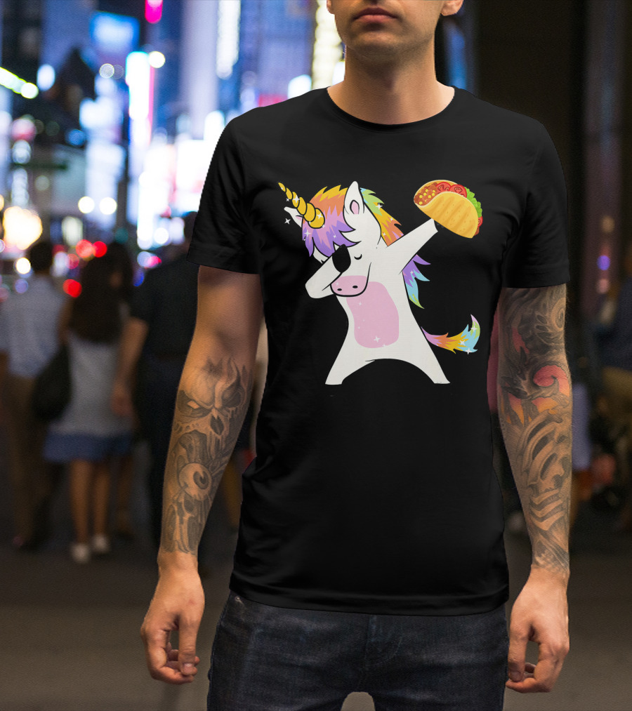 Unicorn Dabbing With Taco And Rainbow Mane T-Shirt