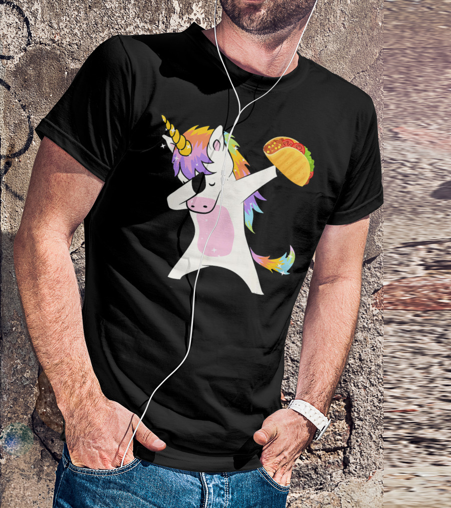 Unicorn Dabbing With Taco And Rainbow Mane T-Shirt
