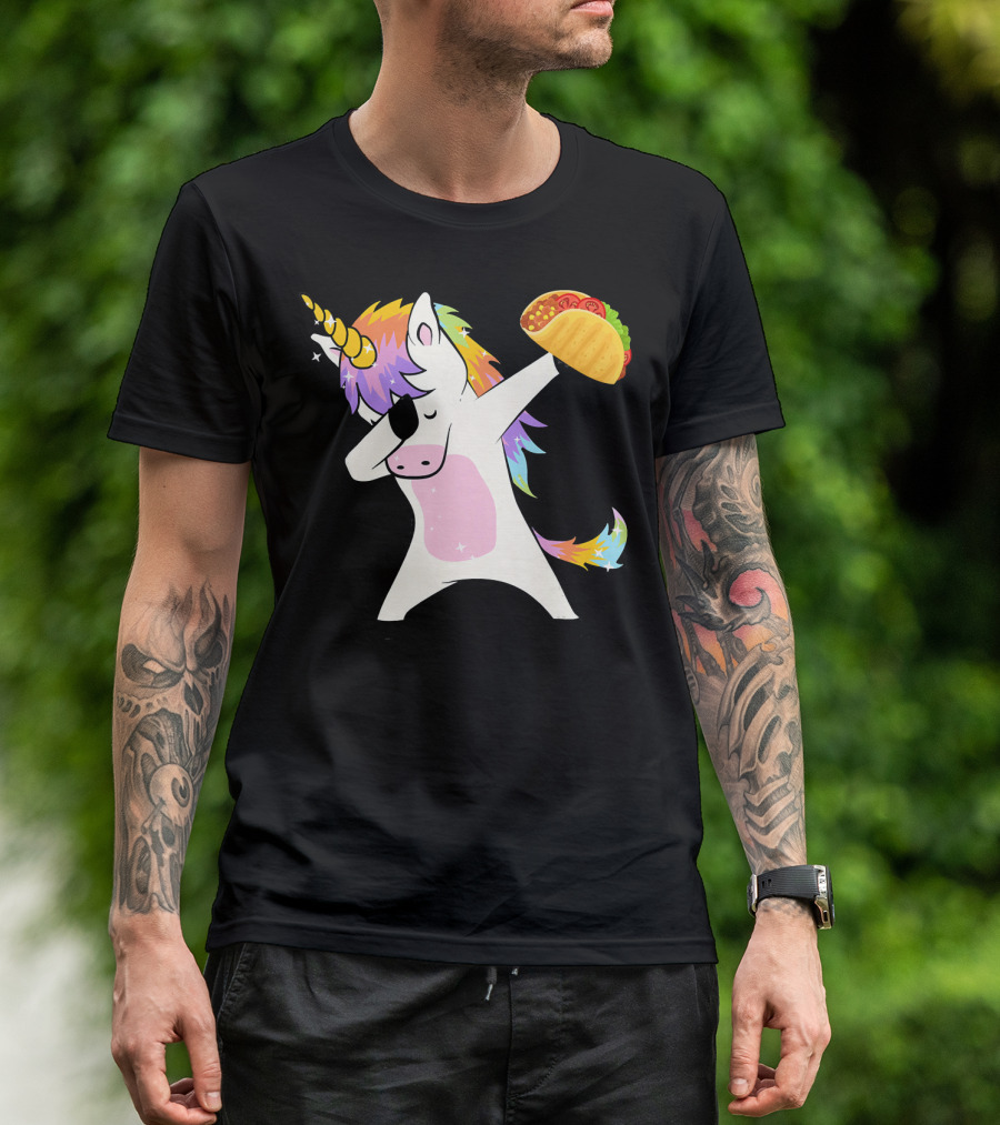 Unicorn Dabbing With Taco And Rainbow Mane T-Shirt