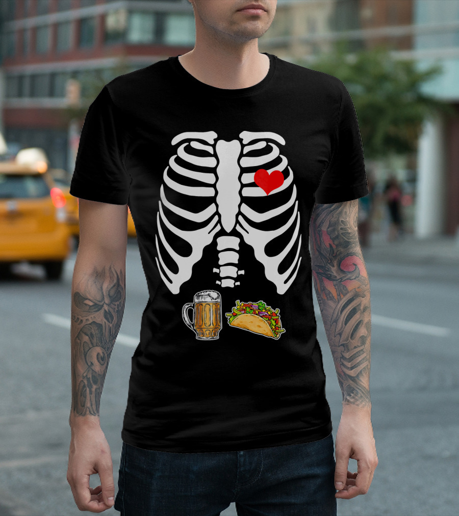 Pregnant Skeleton with Heart, Tacos, and Beer T-Shirt