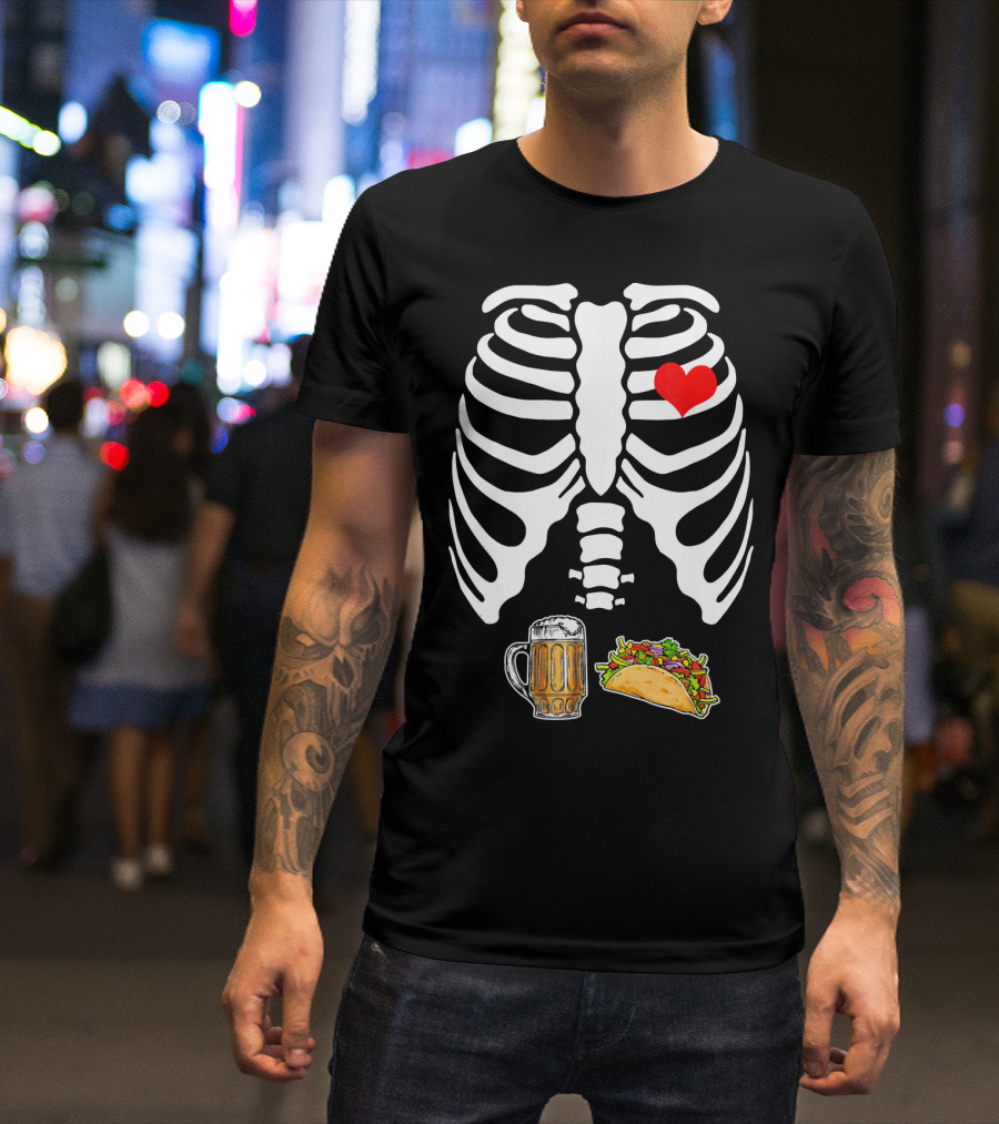 Pregnant Skeleton With Heart, Tacos, And Beer T-Shirt