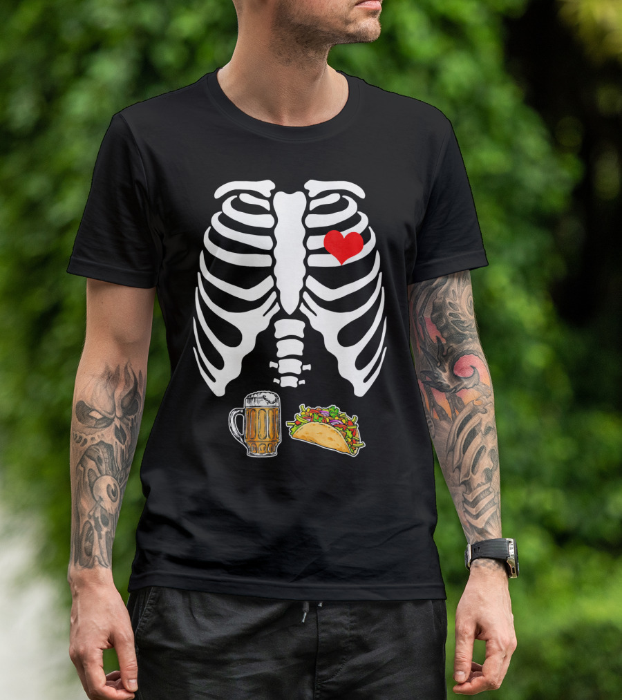 Pregnant Skeleton With Heart, Tacos, And Beer T-Shirt