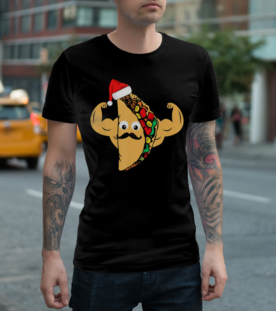Funny Taco with Santa Hat and Mustache Flexing Muscles Family T-Shirt
