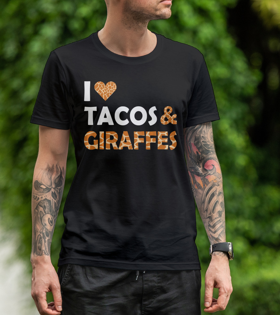 I Love Tacos And Giraffes Giraffe Print Heart T-Shirt