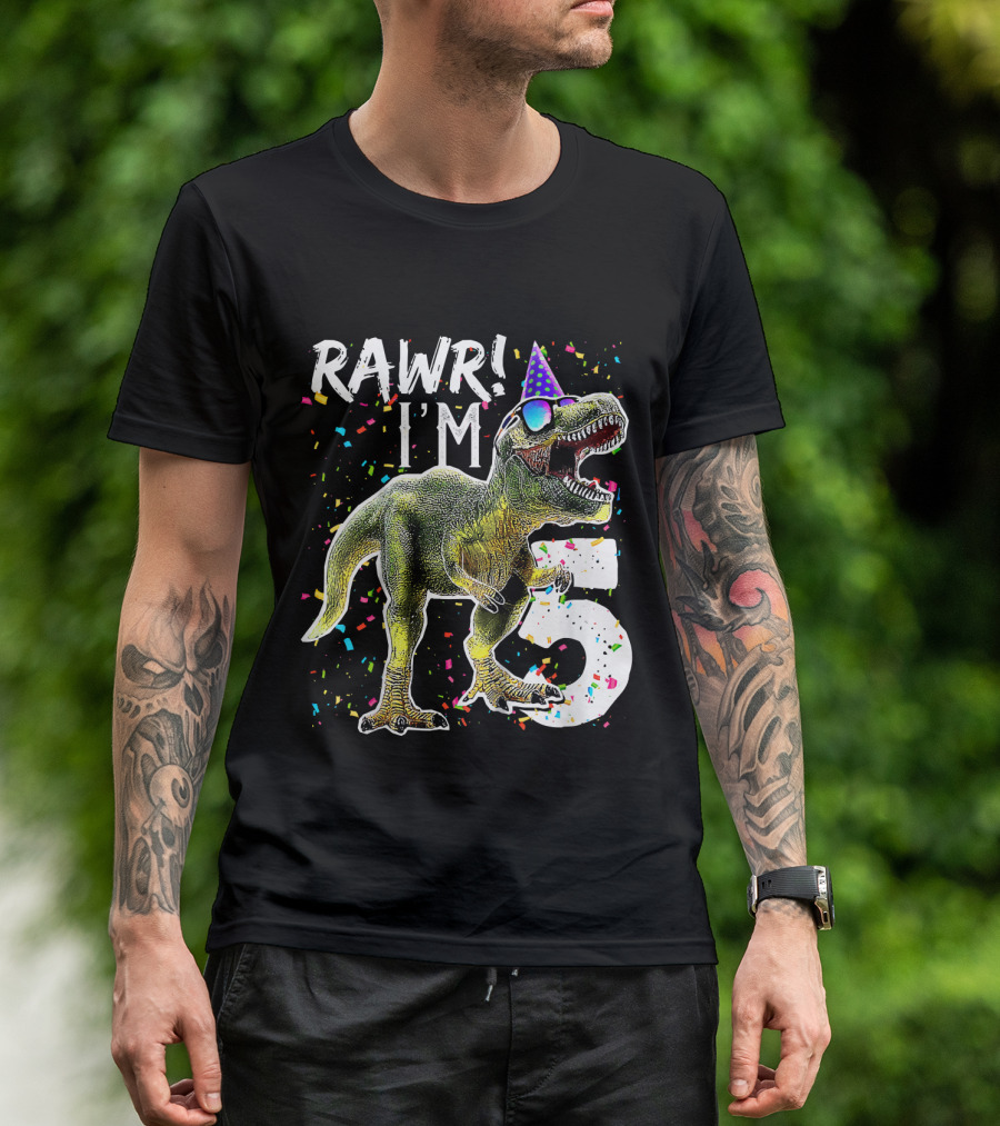 Rawr I'm 5 Dinosaur Birthday Party Hat Confetti T-Shirt