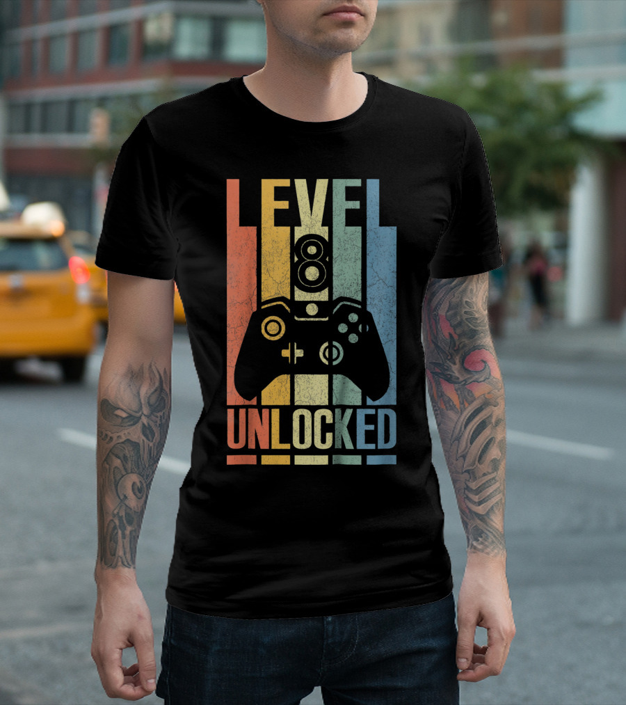 Level 8 Unlocked Video Game Controller Kids Retro Gaming T-Shirt
