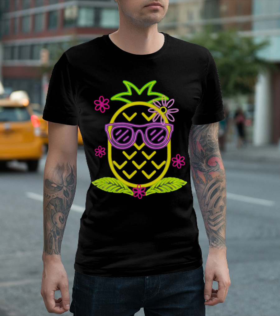Neon Pineapple With Sunglasses And Flowers Luau Party Vibes T-Shirt