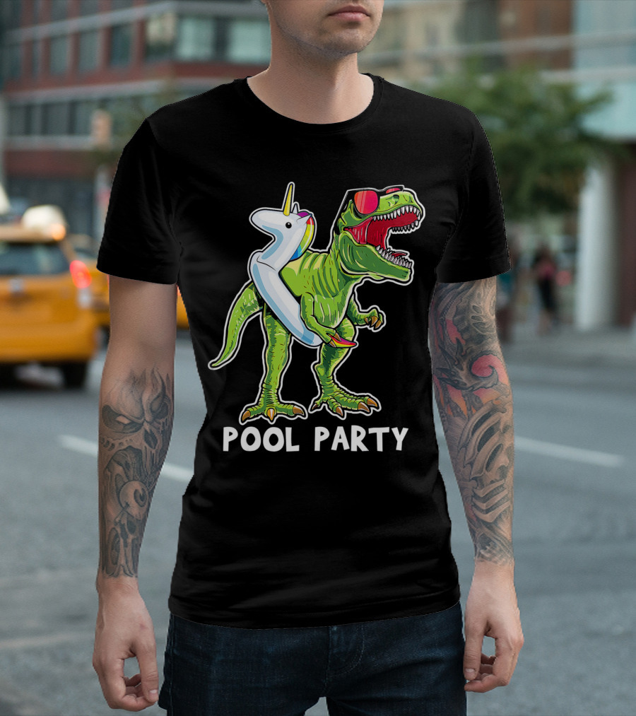 Pool Party Rex Dinosaur With Unicorn Float And Sunglasses T-Shirt