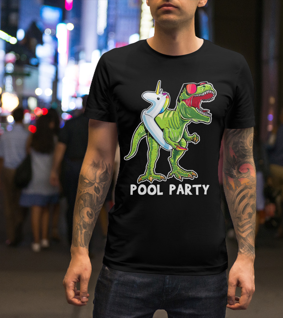 Pool Party Rex Dinosaur With Unicorn Float And Sunglasses T-Shirt