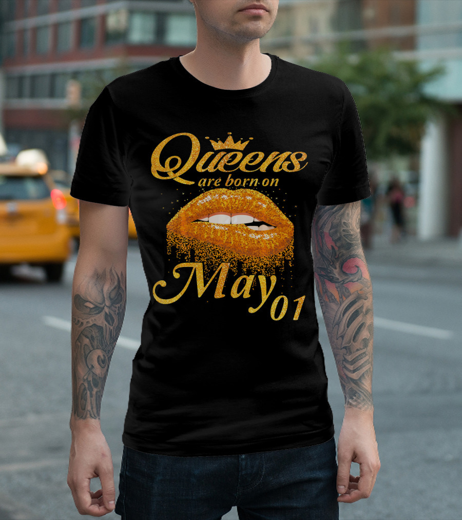 Queens Are Born On May 01 Gold Lips Crown Sparkle T-Shirt
