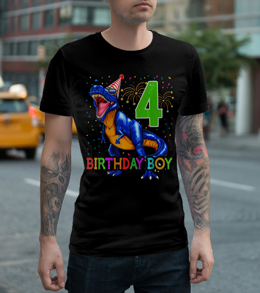 Birthday Boy 4 Dinosaur Party Hat Fireworks T-Shirt
