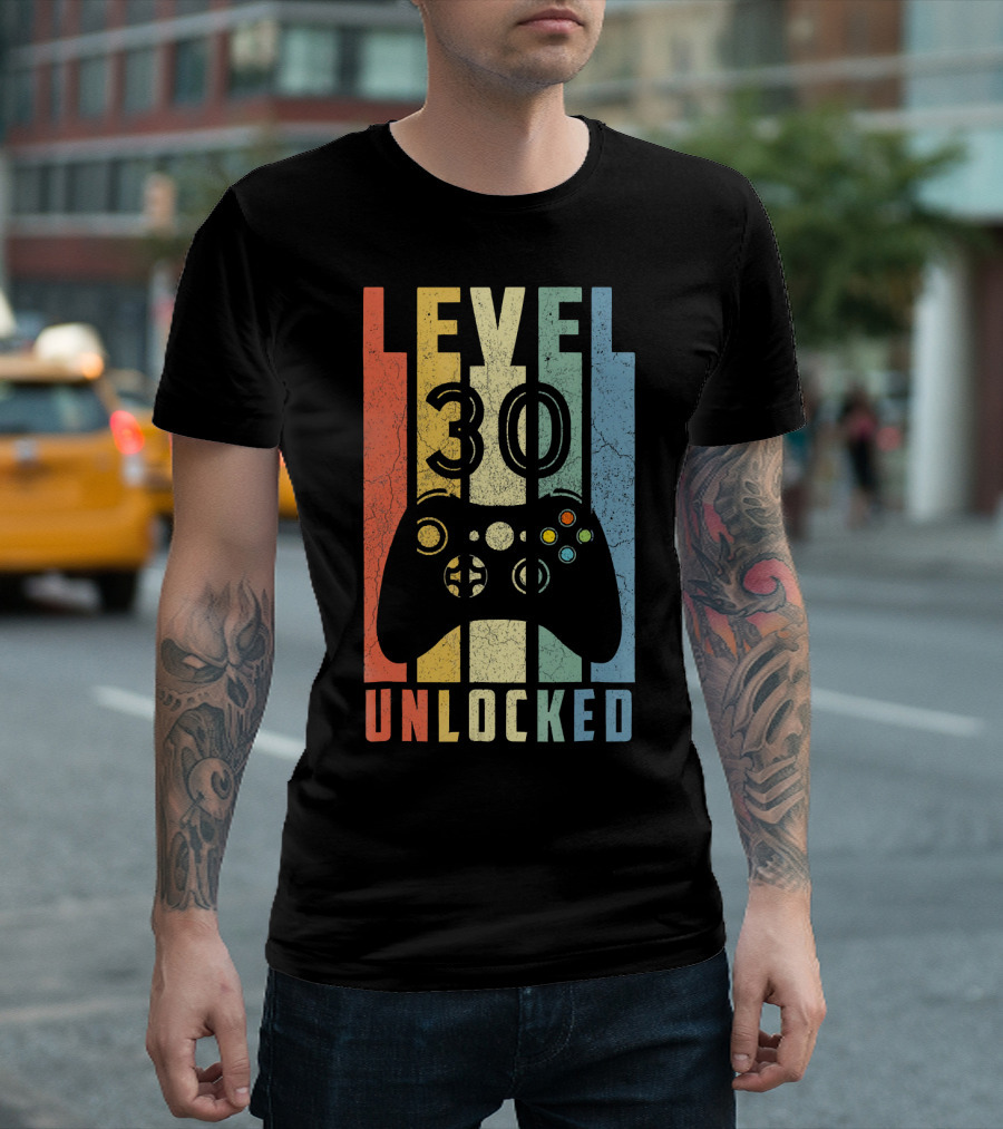 Level 30 Unlocked Video Game Controller Retro Stripes T-Shirt