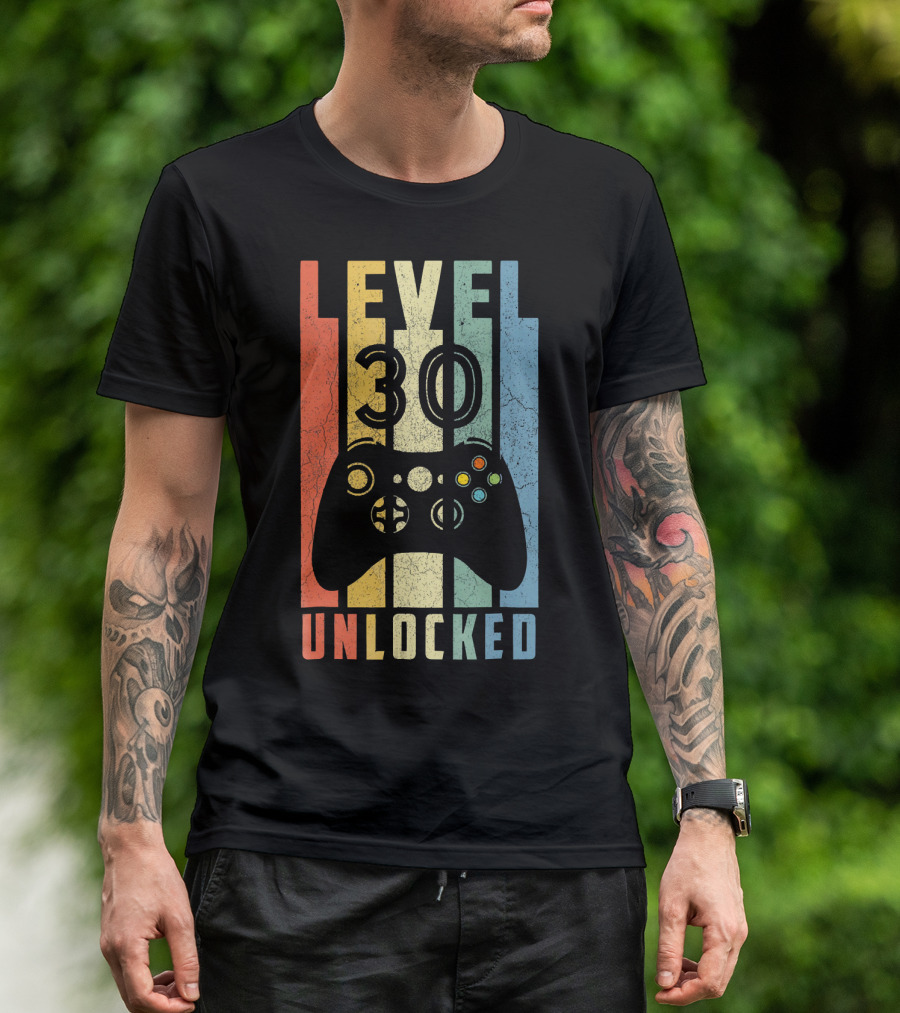 Level 30 Unlocked Video Game Controller Retro Stripes T-Shirt