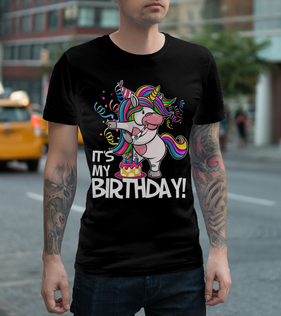 IT'S MY BIRTHDAY Flossing Unicorn Party With Cake And Confetti T-Shirt
