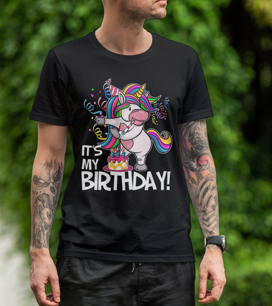 IT'S MY BIRTHDAY Flossing Unicorn Party With Cake And Confetti T-Shirt