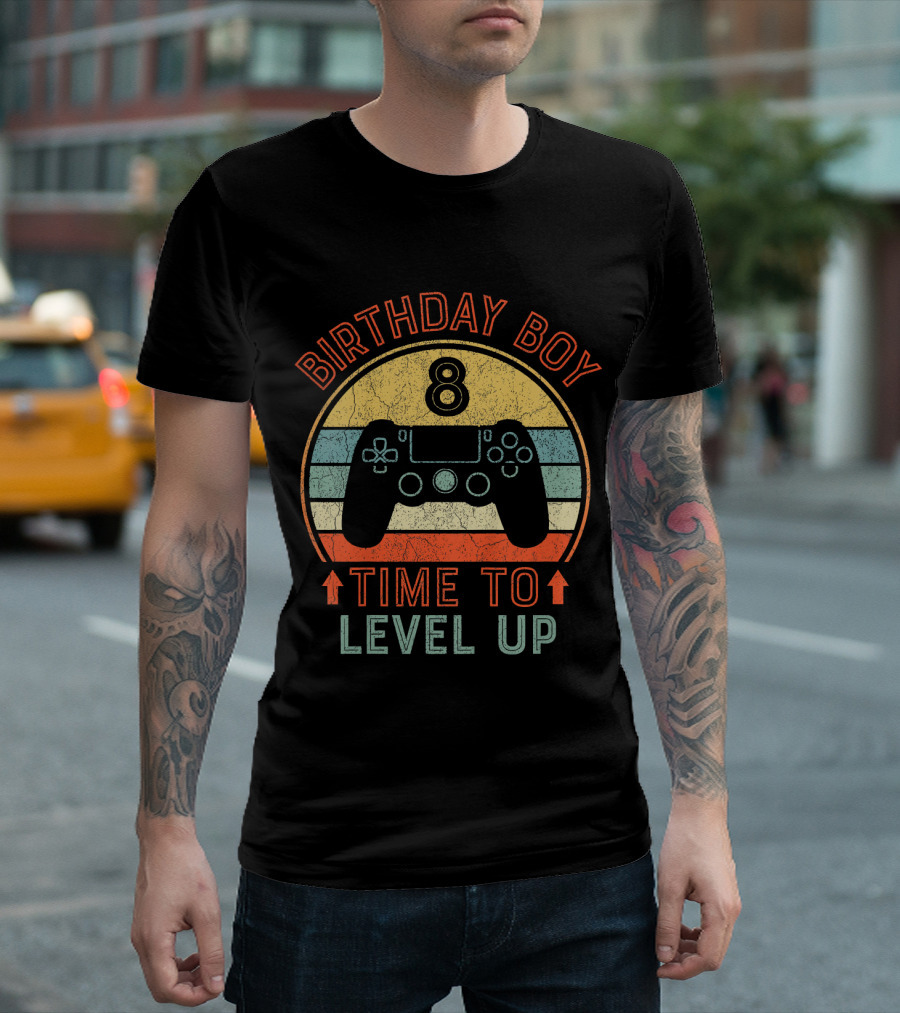 Birthday Boy 8 Time to Level Up Vintage Gaming Controller Retro Stripes T-Shirt