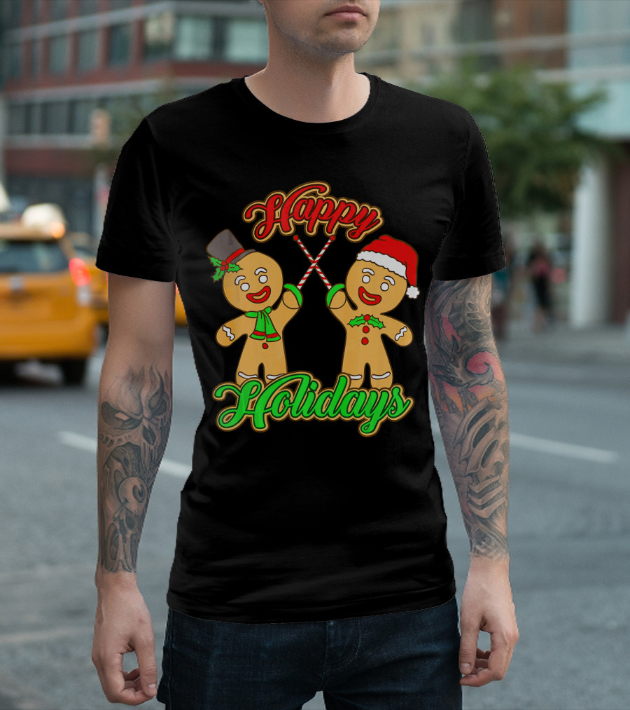 Happy Holidays Gingerbread Men Fencing With Candy Canes T-Shirt