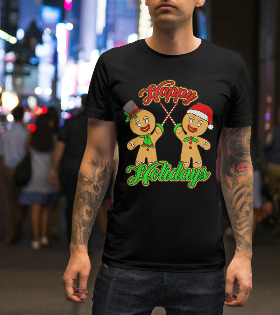 Happy Holidays Gingerbread Men Fencing With Candy Canes T-Shirt
