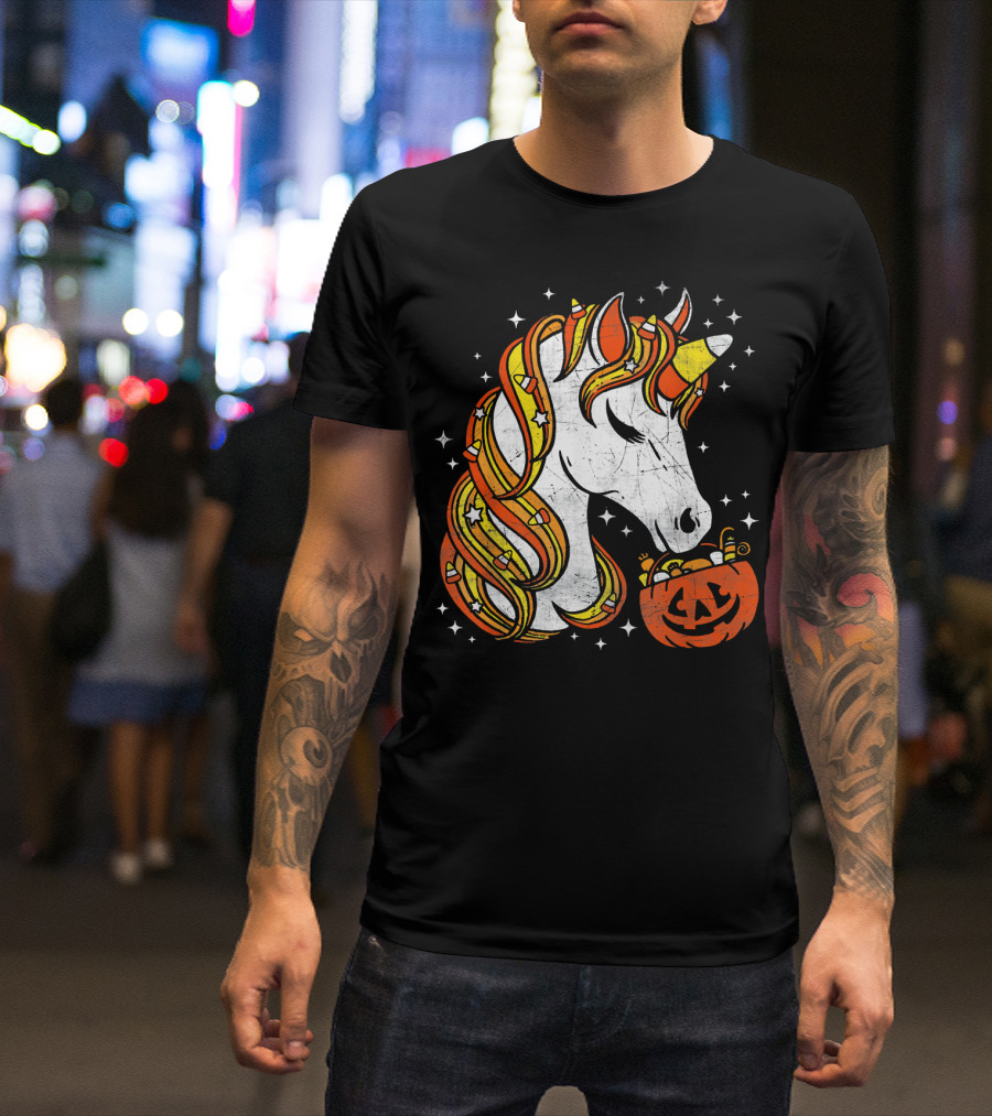 Candy Corn Unicorn With Jack-O'-Lantern Stars Halloween Top T-Shirt