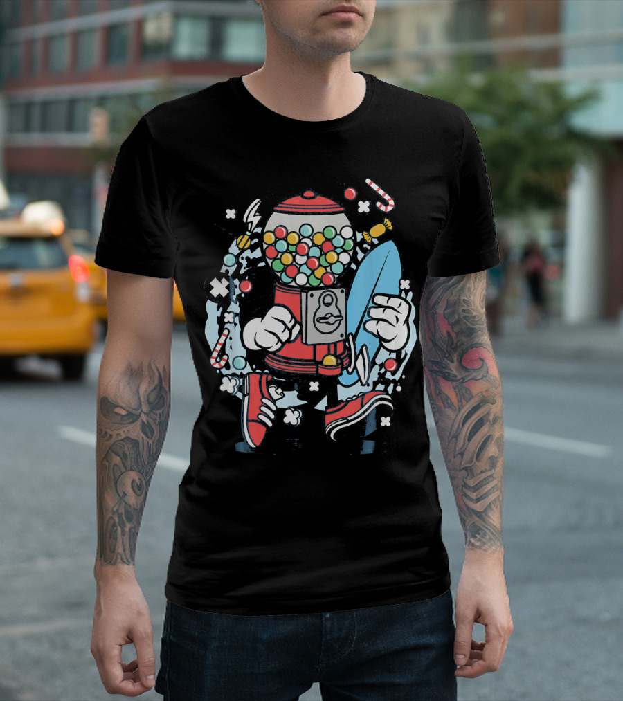 Cartoon Candy Machine with Surfboard and Sneakers Adventure T-Shirt