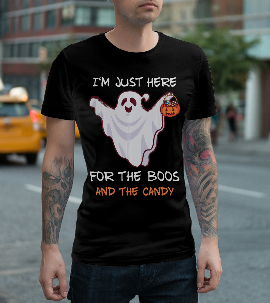 I'm Just Here for the Boos Ghost Holding Pumpkin Candy T-Shirt