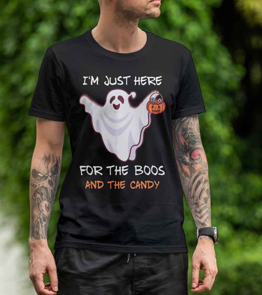I'm Just Here For The Boos Ghost Holding Pumpkin Candy T-Shirt