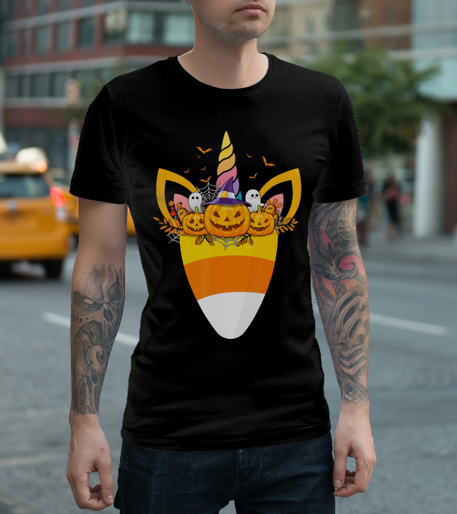 Unicorn Candy Corn Pumpkin Ghost Halloween Boo T-Shirt