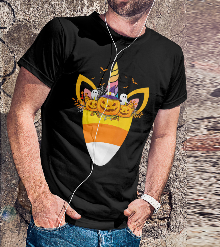 Unicorn Candy Corn Pumpkin Ghost Halloween Boo T-Shirt