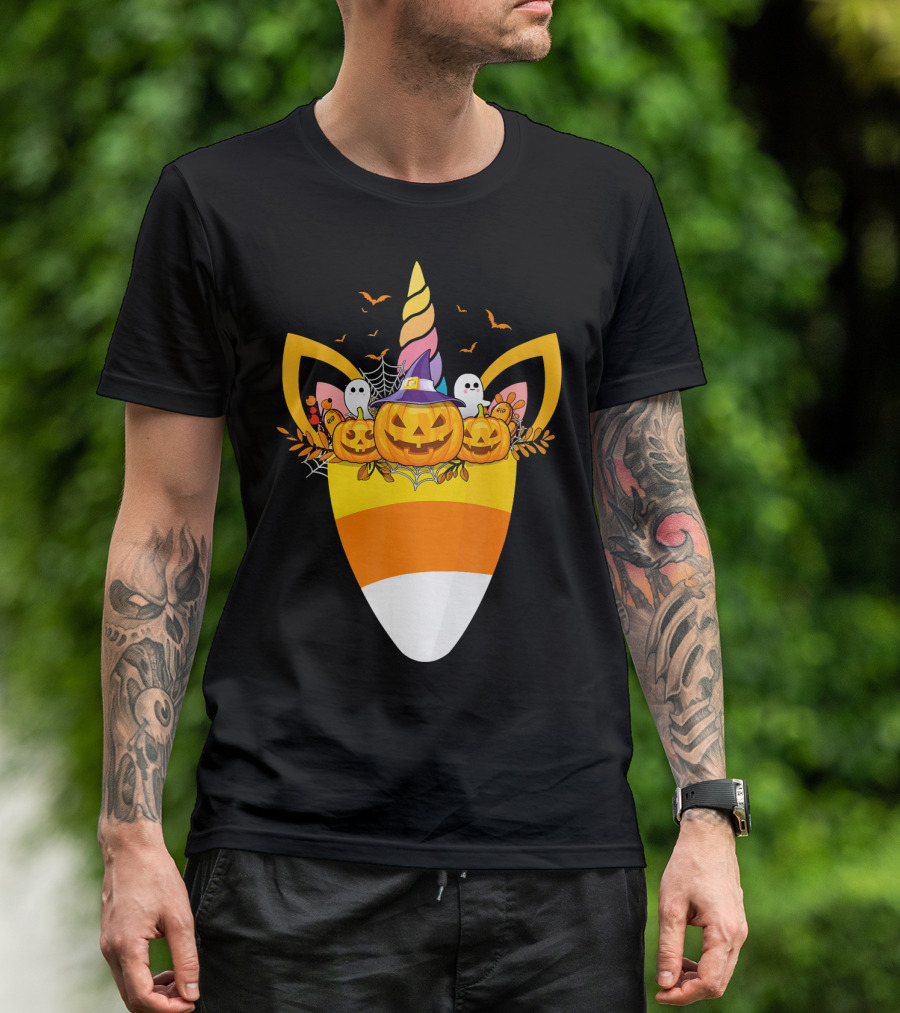 Unicorn Candy Corn Pumpkin Ghost Halloween Boo T-Shirt