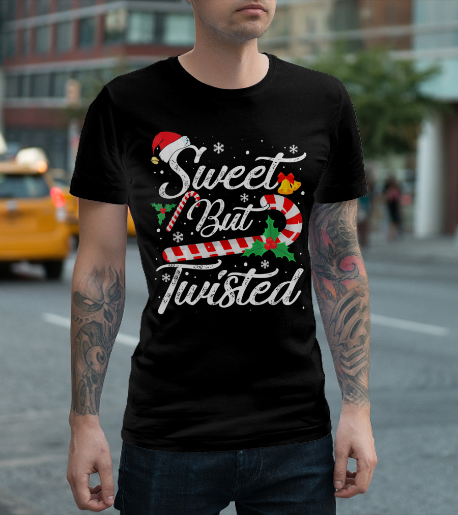 Sweet But Twisted Christmas Candy Cane Santa Hat and Holly Bells T-Shirt