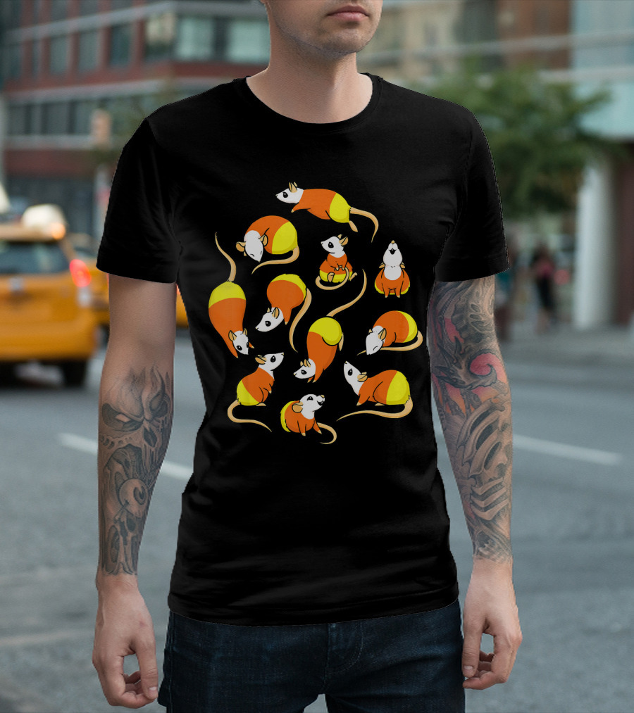 Candy Corn Rats Pattern Halloween-Themed T-Shirt
