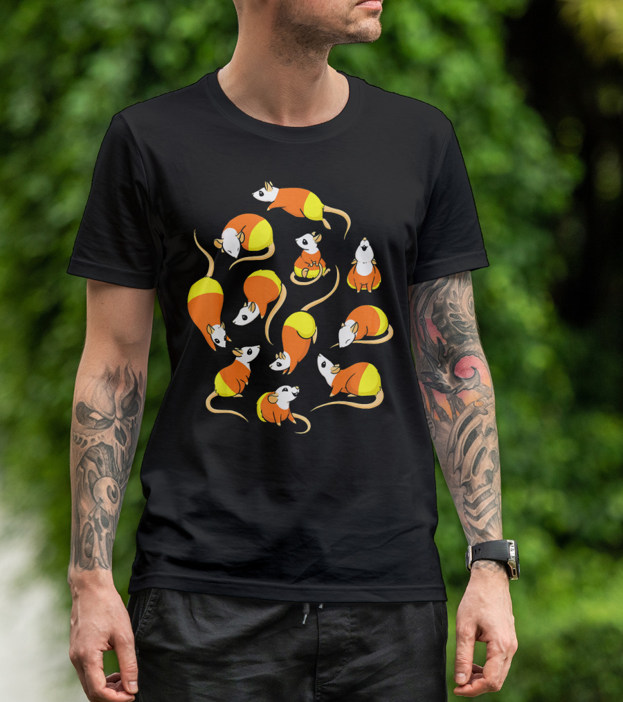 Candy Corn Rats Pattern Halloween-Themed T-Shirt