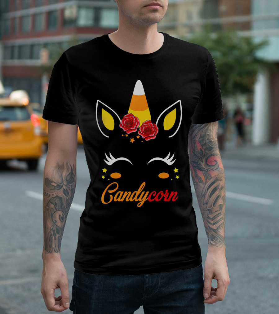 Candycorn Unicorn with Roses and Stars T-Shirt