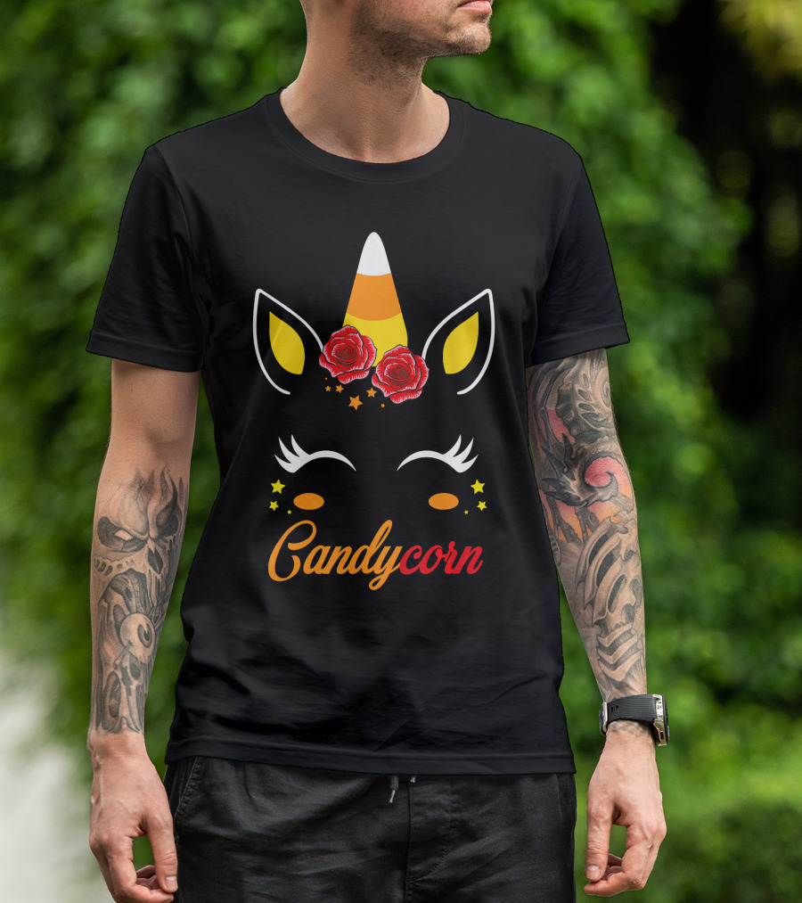 Candycorn Unicorn With Roses And Stars T-Shirt