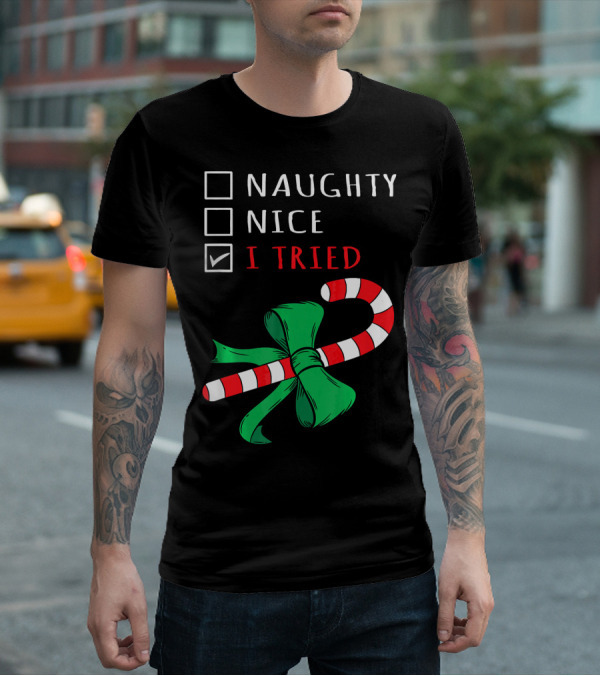 Naughty Nice I Tried Candy Cane Bow T-Shirt