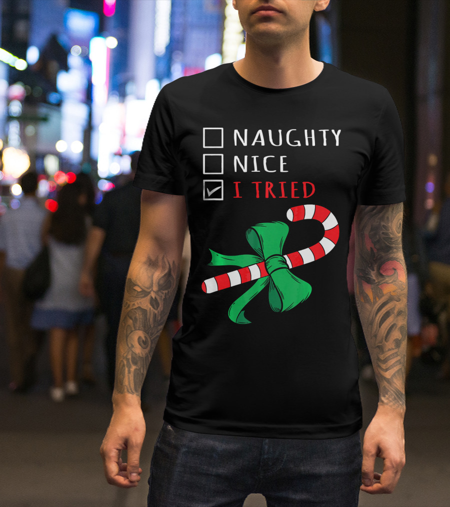 Naughty Nice I Tried Candy Cane Bow T-Shirt