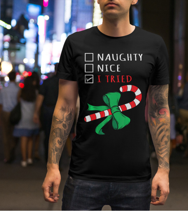 Naughty Nice I Tried Candy Cane Bow T-Shirt