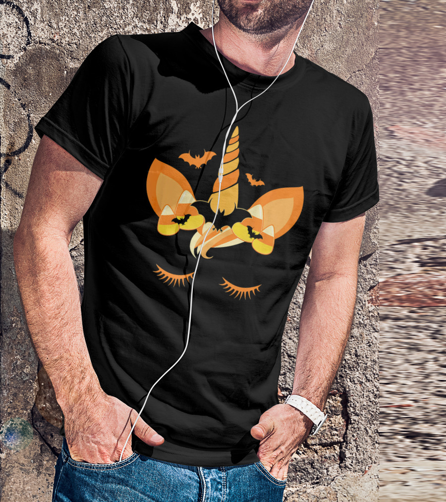 Halloween Unicorn Candy Corn Bat Ears Eyelashes T-Shirt