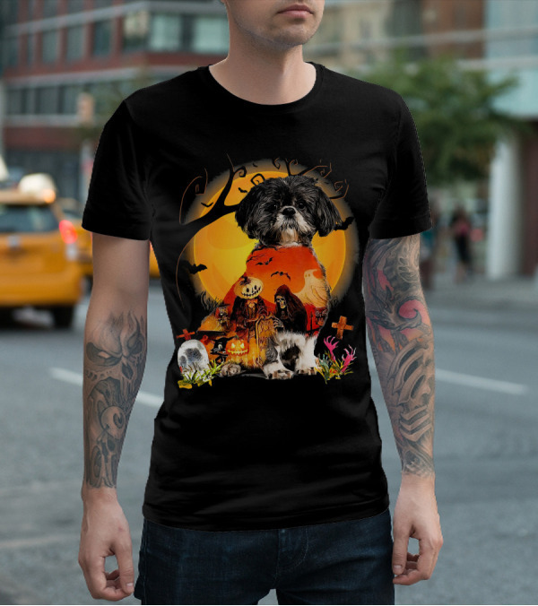 Shih Tzu Halloween Night With Pumpkins, Ghosts, And Full Moon T-Shirt
