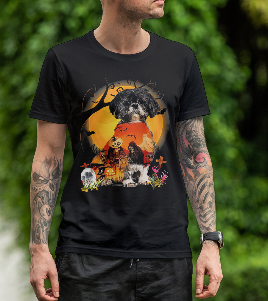 Shih Tzu Halloween Night With Pumpkins, Ghosts, And Full Moon T-Shirt