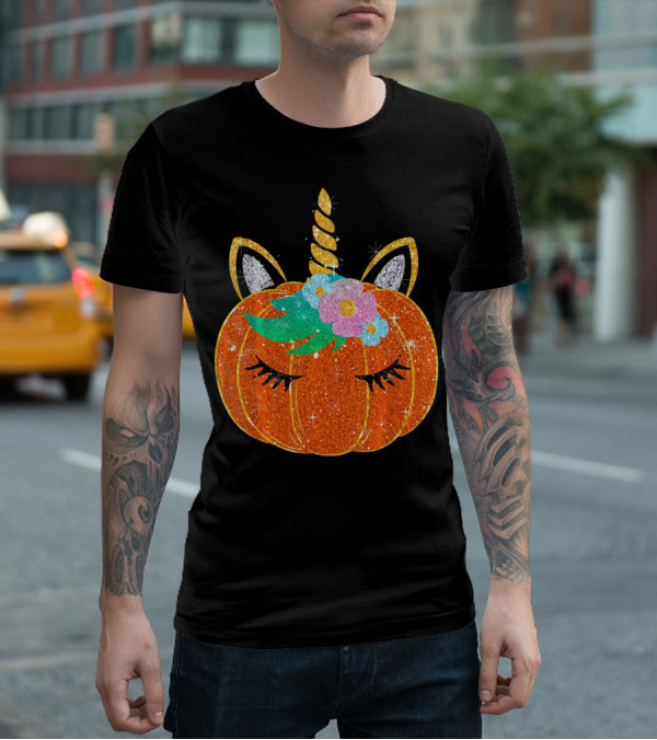 Sparkly Unicorn Pumpkin Halloween T-Shirt