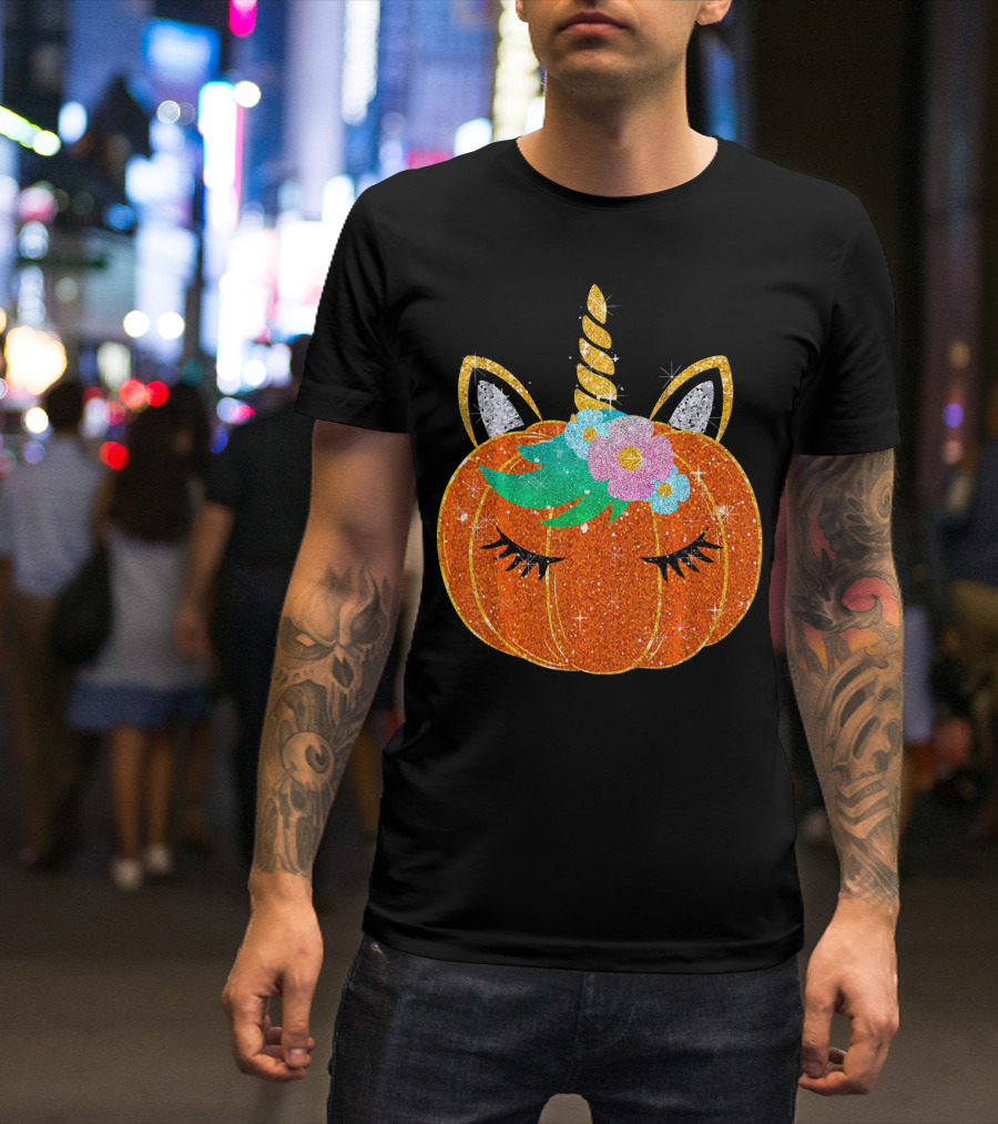 Sparkly Unicorn Pumpkin Halloween T-Shirt