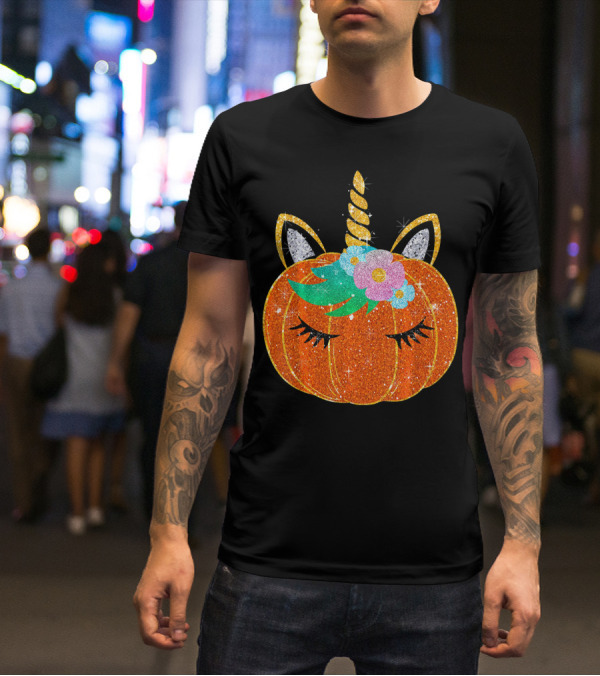 Sparkly Unicorn Pumpkin Halloween T-Shirt