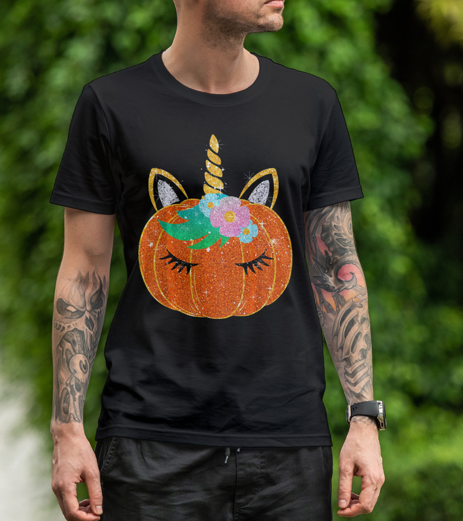 Sparkly Unicorn Pumpkin Halloween T-Shirt