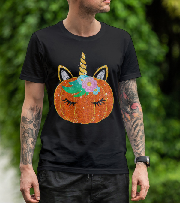 Sparkly Unicorn Pumpkin Halloween T-Shirt