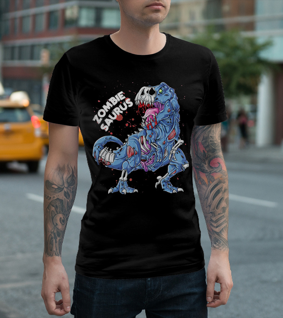 Zombie Saurus Halloween Kids Dinosaur Skeleton Blue T-Shirt