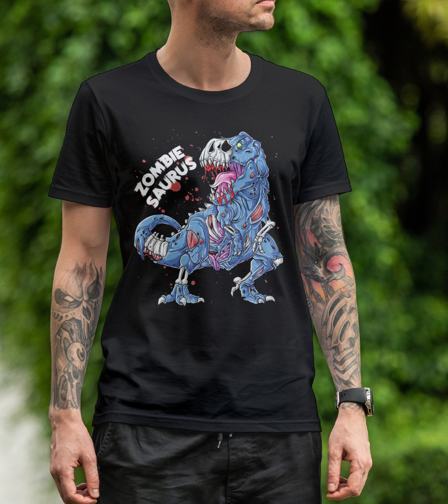Zombie Saurus Halloween Kids Dinosaur Skeleton Blue T-Shirt