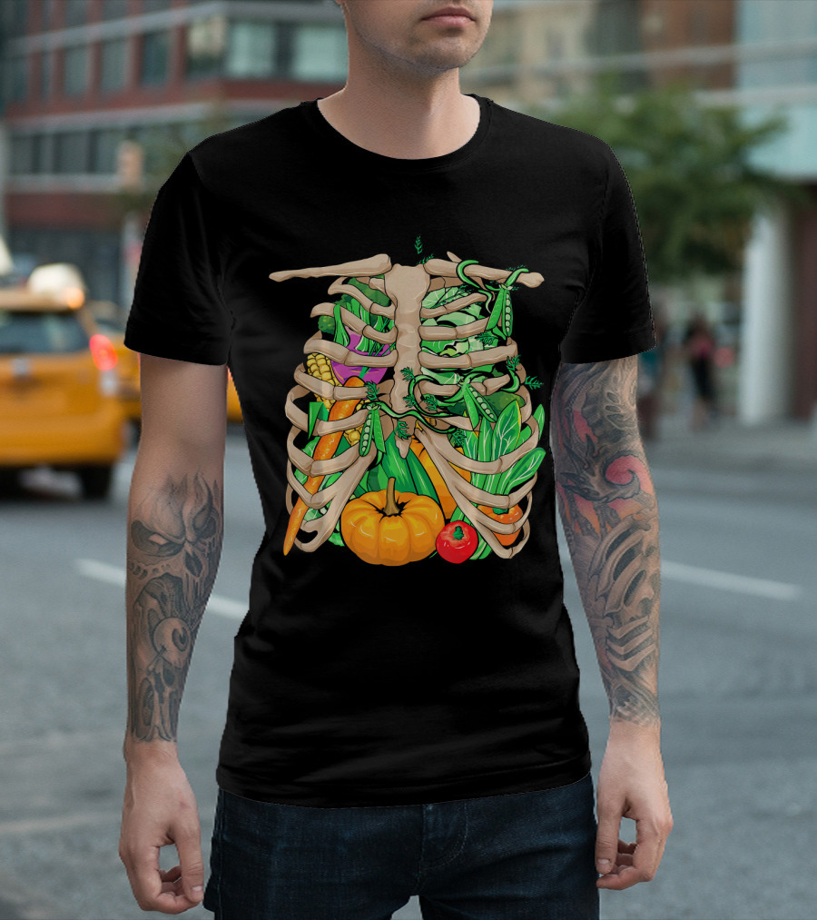 Cool Vegetable Skeleton Halloween Costume Vegetables Ribs Pumpkin Peas Corn Carrot T-Shirt
