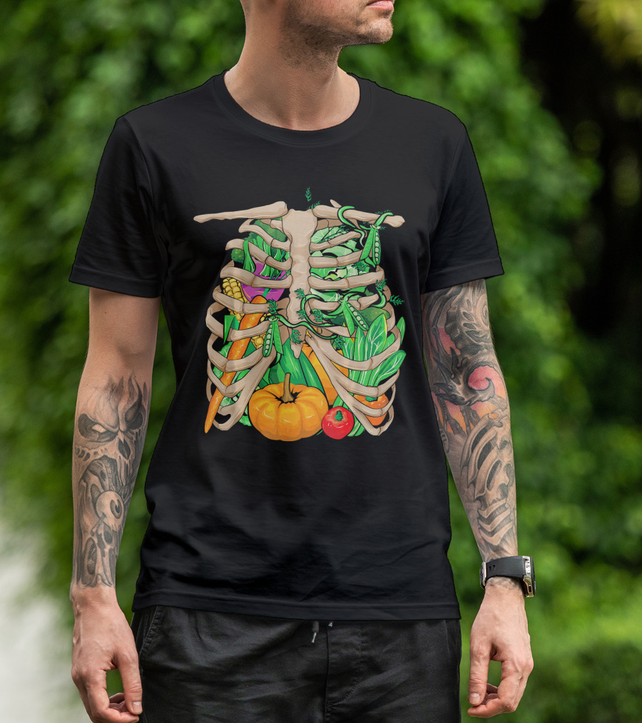 Cool Vegetable Skeleton Halloween Costume Vegetables Ribs Pumpkin Peas Corn Carrot T-Shirt