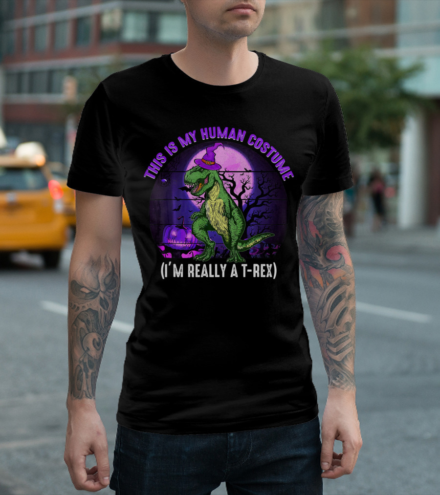 This Is My Human Costume I'm Really a T-Rex Funny Dinosaur Halloween Moon Wizard Hat T-Shirt